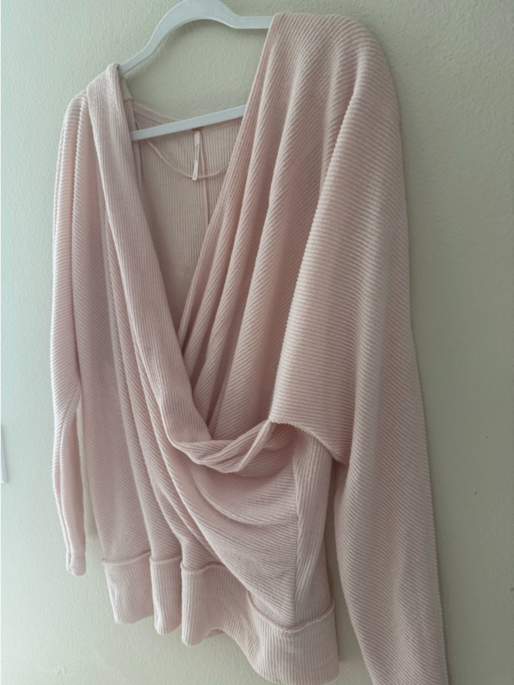 NEW Free People Cozy W/You Wrap Drape Front Super Soft Ribbed Knit Sweater L Pnk